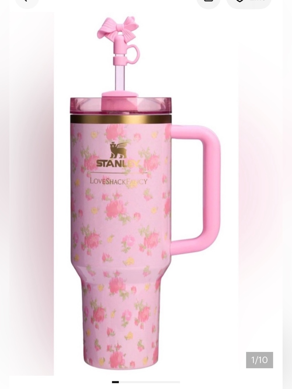 LoveShackFancy Stanley Pink Floral Insulated Travel Mug with Handle and Straw